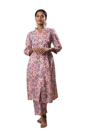 White front slit flared cotton printed kurta set