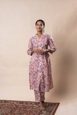 White front slit flared cotton printed kurta set 1