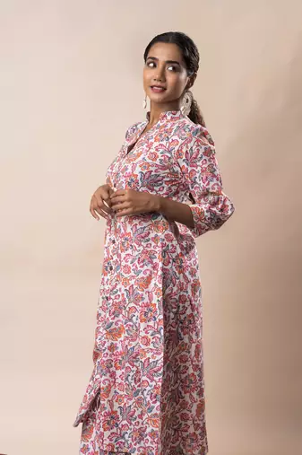White front slit flared cotton printed kurta set