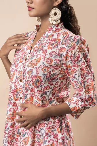 White front slit flared cotton printed kurta set