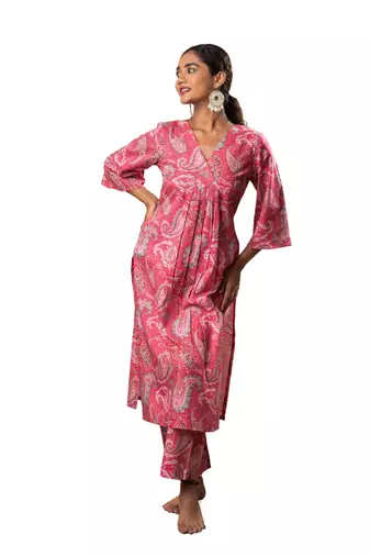Pink printed cotton a-line flared kurta set