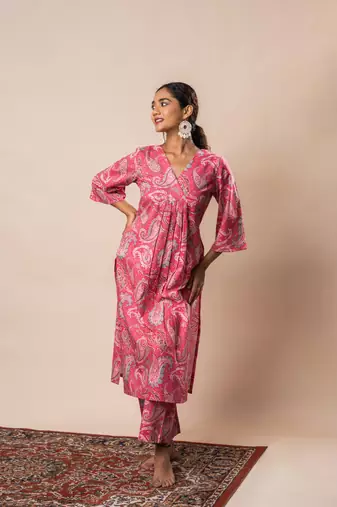 Pink printed cotton a-line flared kurta set