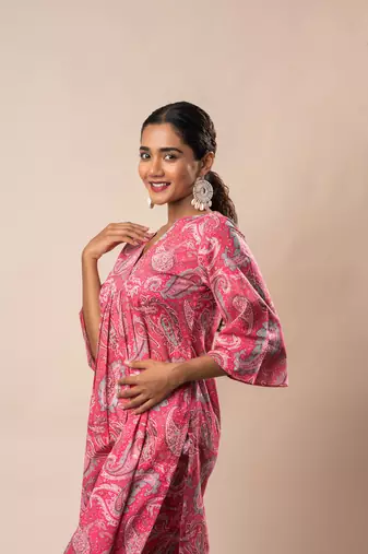 Pink printed cotton a-line flared kurta set