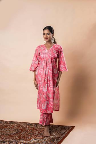 Pink printed cotton a-line flared kurta set
