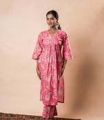 Pink printed cotton a-line flared kurta set