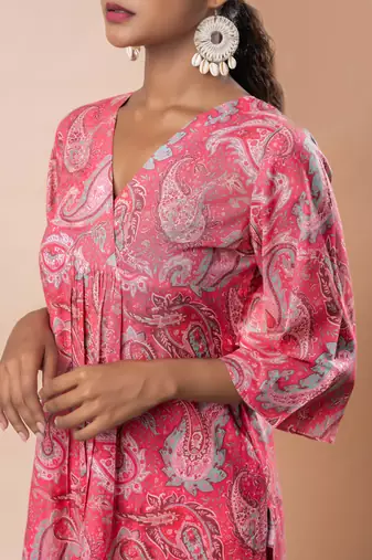 Pink printed cotton a-line flared kurta set