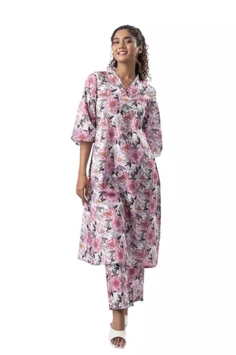 White cotton printed a-line dress with pants