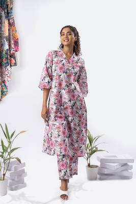 White cotton printed a-line dress with pants 1