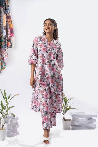 White cotton printed a-line dress with pants
