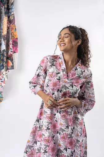 White cotton printed a-line dress with pants