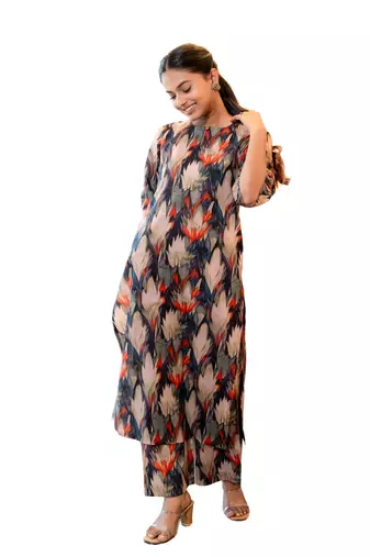 Notched neck printed cotton kurta set