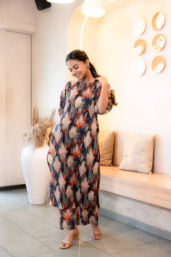Notched neck printed cotton kurta set