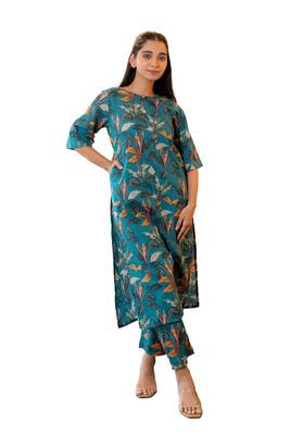 Notched neck printed teal cotton kurta set 2
