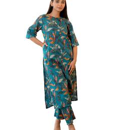 Notched neck printed teal cotton kurta set