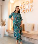 Notched neck printed teal cotton kurta set