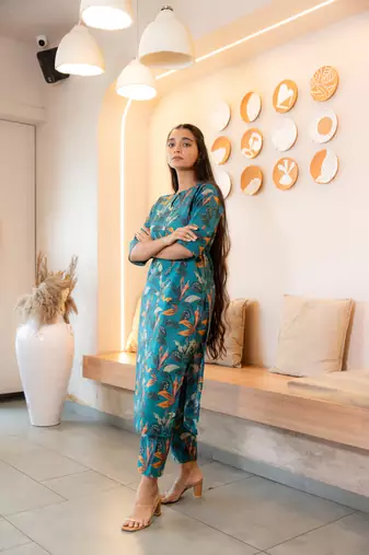 Notched neck printed teal cotton kurta set