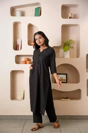 Black notched neck  kurta set