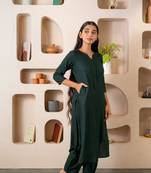 Green notched neck kurta set