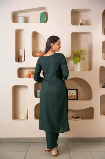 Green notched neck kurta set