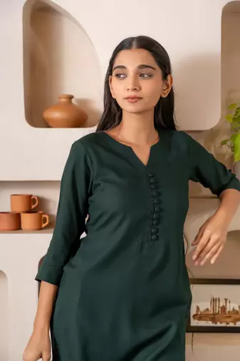 Green notched neck kurta set