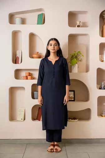 Navy blue notched neck with regular sleeve kurta set