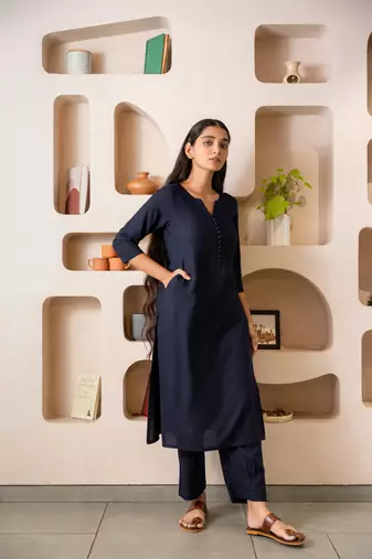 Navy blue notched neck with regular sleeve kurta set