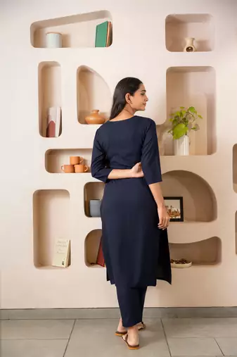 Navy blue notched neck with regular sleeve kurta set