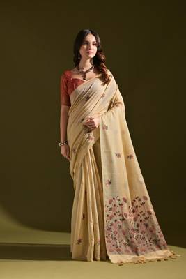 Cream woven muga cotton saree with blouse piece 1