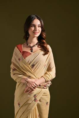 Cream woven muga cotton saree with blouse piece 3