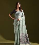 Blue woven muga cotton saree with blouse piece
