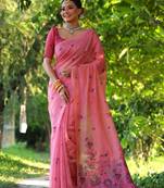 Pink woven muga cotton saree with blouse piece