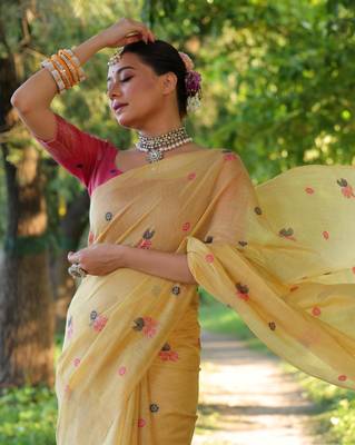 Yellow woven muga cotton saree with blouse piece 3
