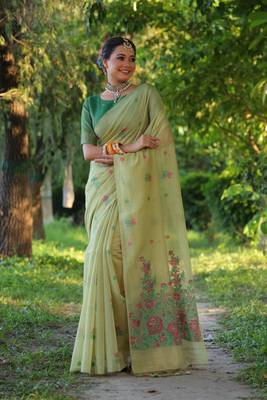 Green woven muga cotton saree with blouse piece 1
