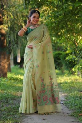 Green woven muga cotton saree with blouse piece 2