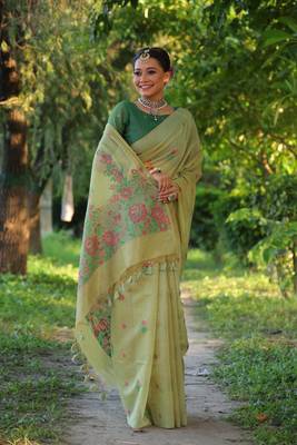 Green woven muga cotton saree with blouse piece 3