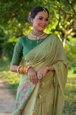 Green woven muga cotton saree with blouse piece 4
