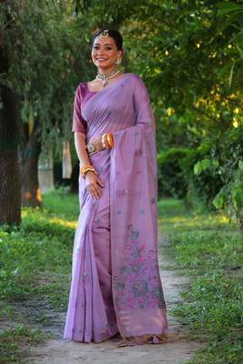 Purple woven muga cotton saree with blouse piece 1