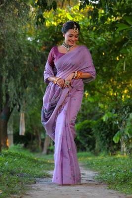 Purple woven muga cotton saree with blouse piece 2