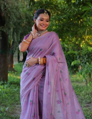 Purple woven muga cotton saree with blouse piece 3