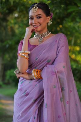 Purple woven muga cotton saree with blouse piece 4