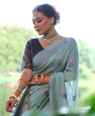 Blue woven muga cotton saree with blouse piece 4