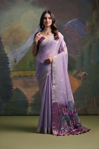 Purple woven muga cotton saree with blouse piece