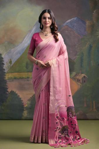 Pink woven muga cotton saree with blouse piece
