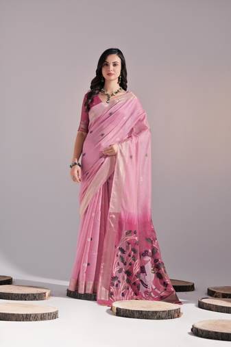 Pink woven muga cotton saree with blouse piece