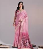 Pink woven muga cotton saree with blouse piece