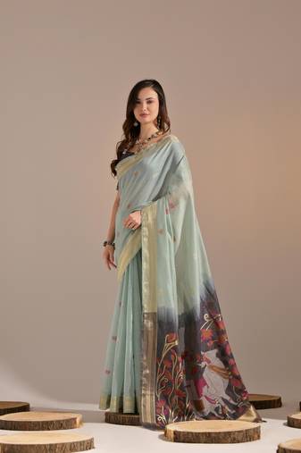 Sky blue woven muga cotton saree with blouse piece