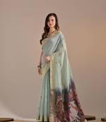 Sky blue woven muga cotton saree with blouse piece