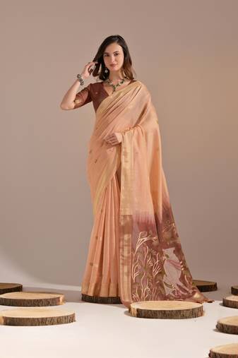 Peach woven muga cotton saree with blouse piece