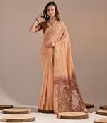 Peach woven muga cotton saree with blouse piece