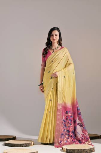 Yellow woven muga cotton saree with blouse piece